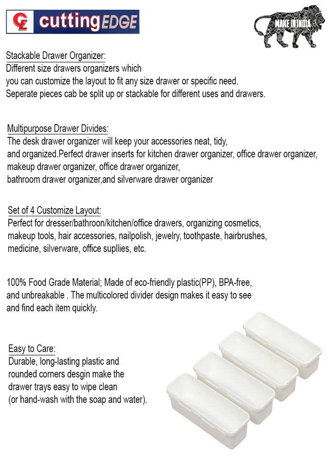 Cutting EDGE Plastic Setof 4 Interlocking Drawer Organizer for Cosmetics u0026 Desk Storage Set, Divider or Separator Tray for Household, Kitchen u0026 Office (White) - Image 3