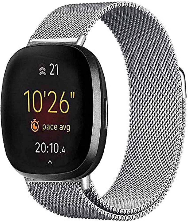 S-Color Stainless Band Compatible with Fitbit Versa 3 / Fitbit Sense, Stainless Steel Mesh Loop Replacement Bracelet Magnetic Wristband Strap (Silver) - Image 2