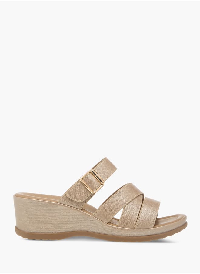 Flora Bella By Shoexpress Womens Textured Slip-On Wedge Heel Sandals With Buckle Detail  - Image 3