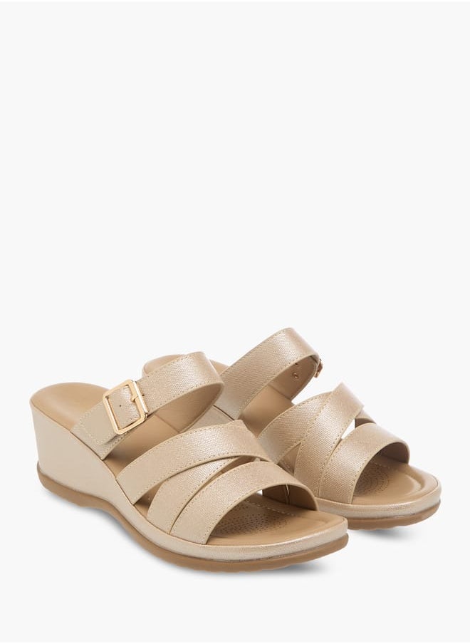 Flora Bella By Shoexpress Womens Textured Slip-On Wedge Heel Sandals With Buckle Detail  - Image 2