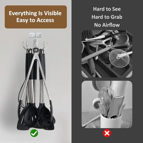 ZEDODIER Kitchen Cooking Utensil Holder, 360° Rotating Kitchen Hooks for Hanging Utensils, Heavy Duty Metal Utensil Rack with 8 Storage Capacity for Utensil, Towel, Pot, Glove, Aprons, Silver - Image 4