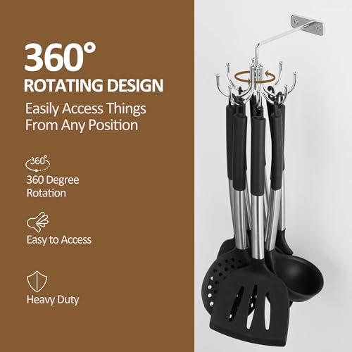 ZEDODIER Kitchen Cooking Utensil Holder, 360° Rotating Kitchen Hooks for Hanging Utensils, Heavy Duty Metal Utensil Rack with 8 Storage Capacity for Utensil, Towel, Pot, Glove, Aprons, Silver - Image 3