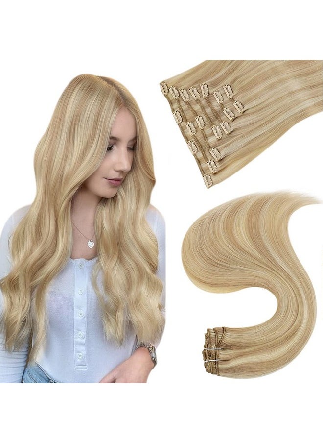 Easyouth - Blonde Clip In Hair Extensions Remy Hair Caramel Blonde Mix Bleach Blonde Clip Hair Extensions Remy Straight Human Hair Extensions Clip Ins Double Weft 16 Inch 120G 7Pcs - Image 1