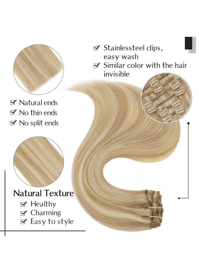 Easyouth - Blonde Clip In Hair Extensions Remy Hair Caramel Blonde Mix Bleach Blonde Clip Hair Extensions Remy Straight Human Hair Extensions Clip Ins Double Weft 16 Inch 120G 7Pcs - Image 1