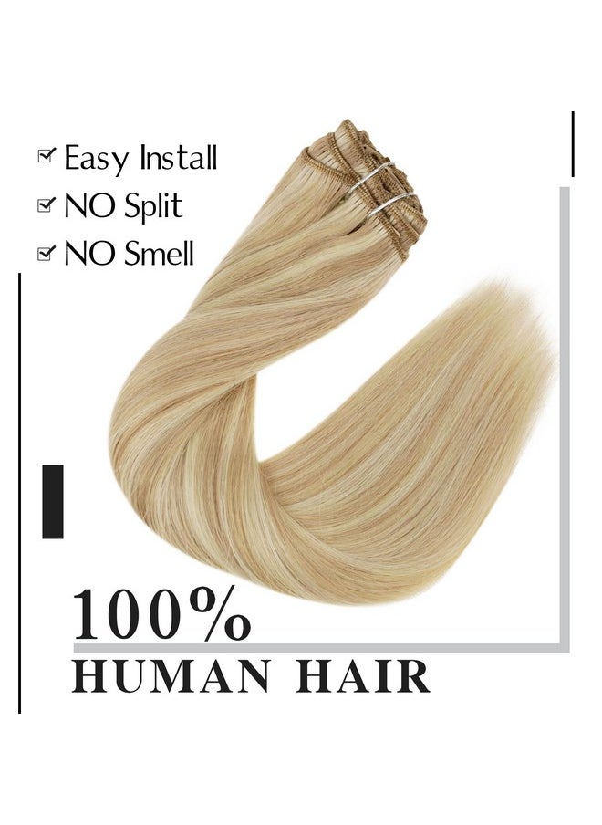 Easyouth - Blonde Clip In Hair Extensions Remy Hair Caramel Blonde Mix Bleach Blonde Clip Hair Extensions Remy Straight Human Hair Extensions Clip Ins Double Weft 16 Inch 120G 7Pcs - Image 1