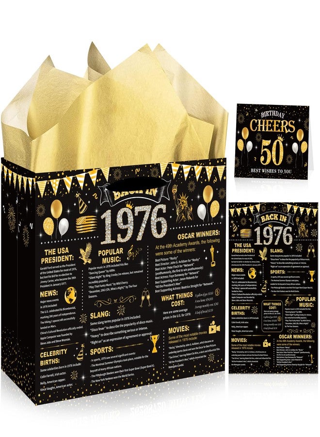 EoBeCy 50th Birthday Gift Bags for Men Women, Back in 1976 Gift Bag with Tissue Paper, Poster and Greeting Card, Black Gold Wrapping Paper for 50 Year Old Birthday Decorations - Image 1