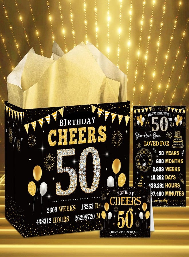 EoBeCy 50th Birthday Gift Bags for Men Women, Back in 1976 Gift Bag with Tissue Paper, Poster and Greeting Card, Black Gold Wrapping Paper for 50 Year Old Birthday Decorations - Image 2