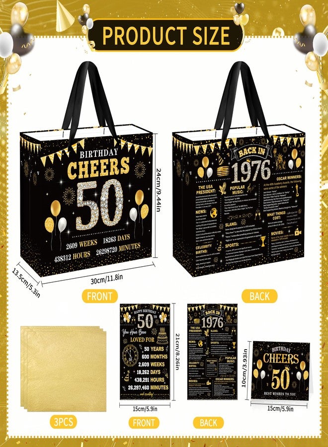 EoBeCy 50th Birthday Gift Bags for Men Women, Back in 1976 Gift Bag with Tissue Paper, Poster and Greeting Card, Black Gold Wrapping Paper for 50 Year Old Birthday Decorations - Image 3