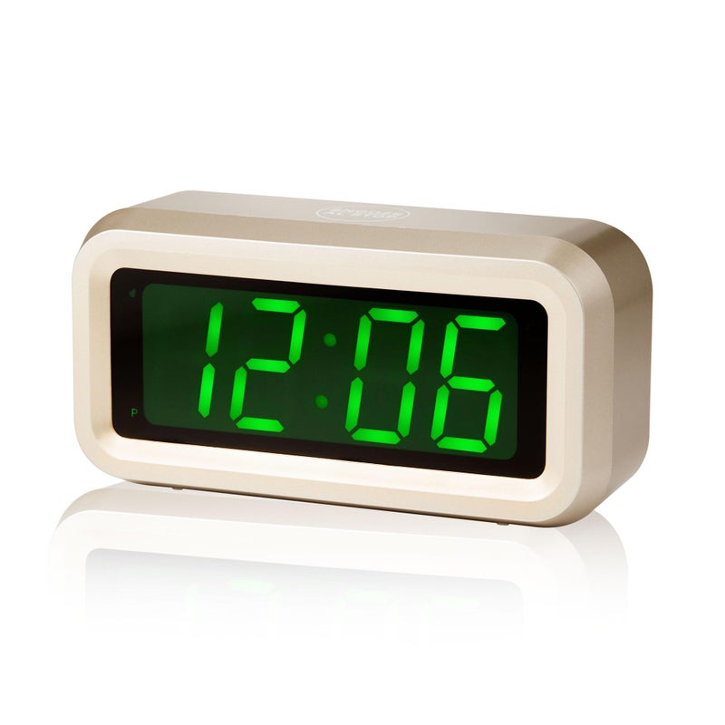Timegyro Digital Alarm Clock Battery Operated with LED Display for Bedrooms Long Battery Life for 12 Months 3 Brightness Adjustable 1224 Hour Snooze Golden Case with Green Digits