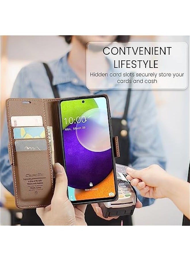 Samsung Galaxy A52 5G\/A52s 5G RFID Blocking Wallet Case, Magnetic Kickstand, Leather Flip Protective Cover for Samsung Galaxy A52 5G\/A52s 5G 6.5 Inch - Brown