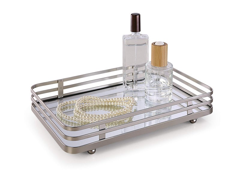 SunnyPoint Classic Decorative Vanity Perfume Dresser Jewelry Organizer Makeup Mirror Tray Satin Nickel
