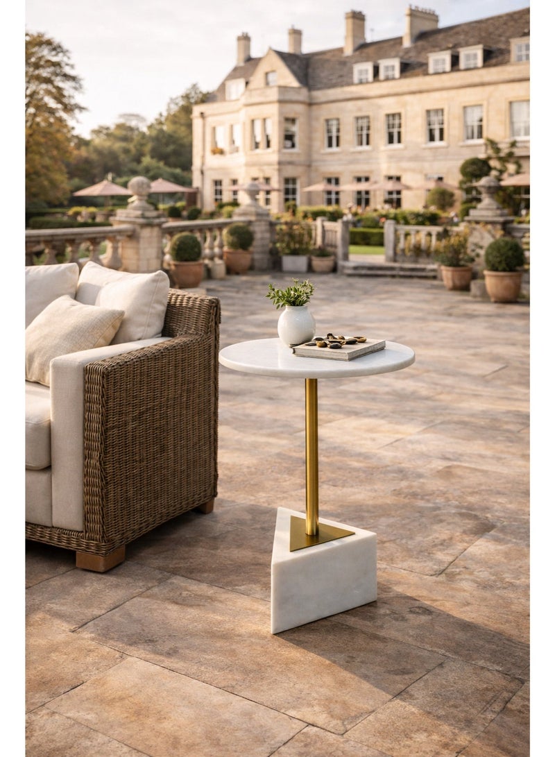 Handmade Side Table with Natural Marble Top & Base, Gold Finish Pole. - Image 1