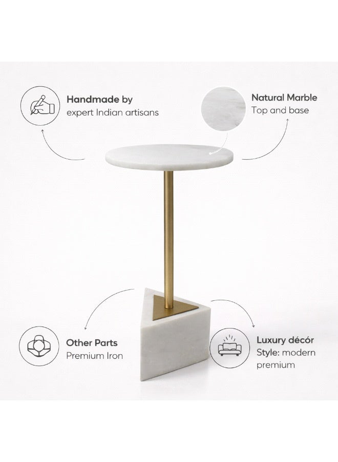 Handmade Side Table with Natural Marble Top & Base, Gold Finish Pole. - Image 4