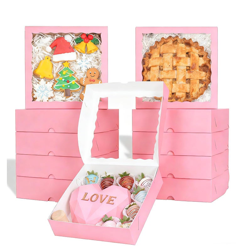 TEMLQPACK 50 Pack 9"x9"x2.5" Pie Boxes Pink Bakery Boxes with Window, Pie, Cookies, Chocolate Covered Strawberries, Breakable Heart, Charcuterie Boxes for Christmas - Image 1