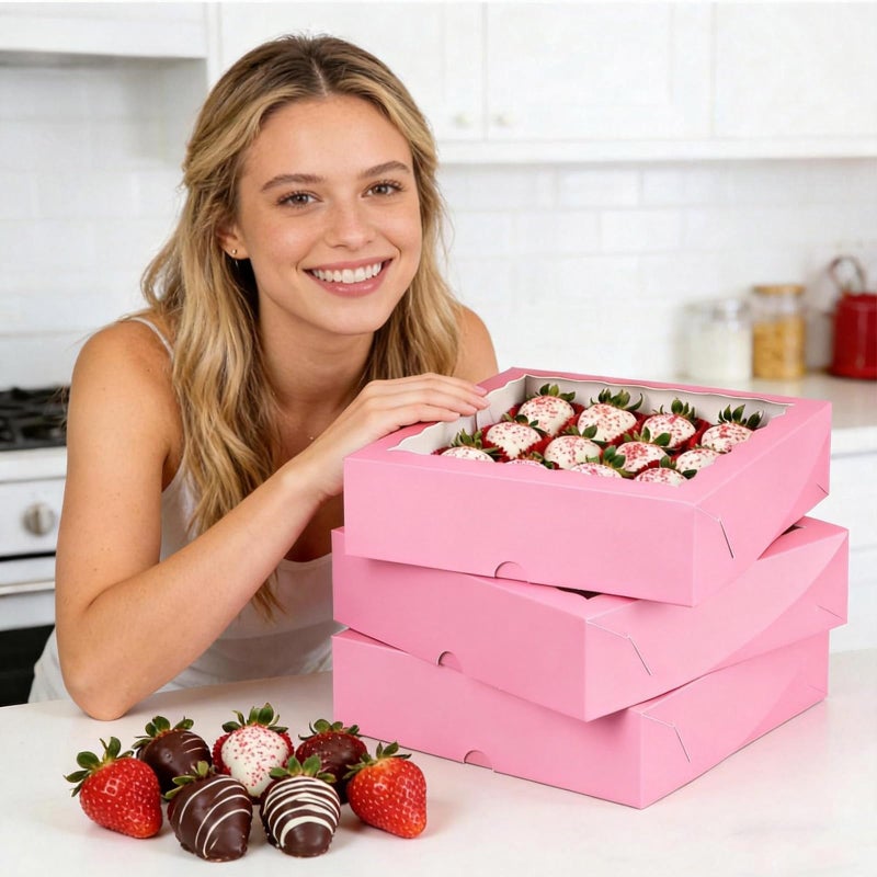 TEMLQPACK 50 Pack 9"x9"x2.5" Pie Boxes Pink Bakery Boxes with Window, Pie, Cookies, Chocolate Covered Strawberries, Breakable Heart, Charcuterie Boxes for Christmas - Image 5