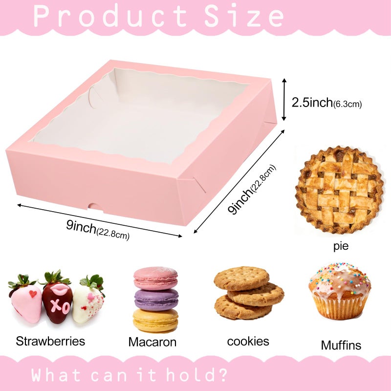 TEMLQPACK 50 Pack 9"x9"x2.5" Pie Boxes Pink Bakery Boxes with Window, Pie, Cookies, Chocolate Covered Strawberries, Breakable Heart, Charcuterie Boxes for Christmas - Image 4