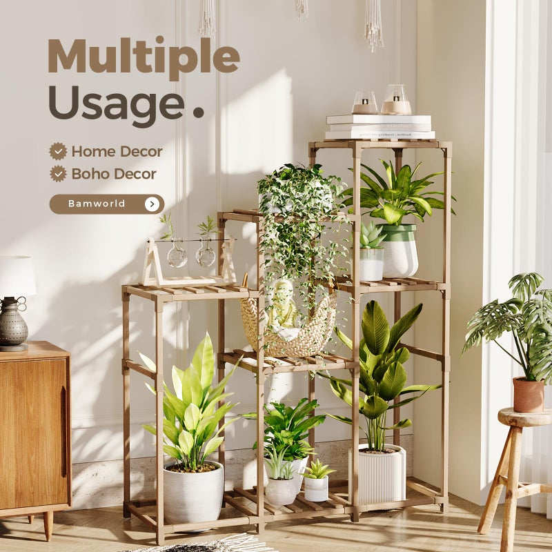Bamworld Tall Plant Stand Indoor Wood Shelf Outdoor Tiered Rack for Multiple Flowers 5-Tier 7-Pot Ladder Holder for Plant Pots Gardening Decor - Image 5