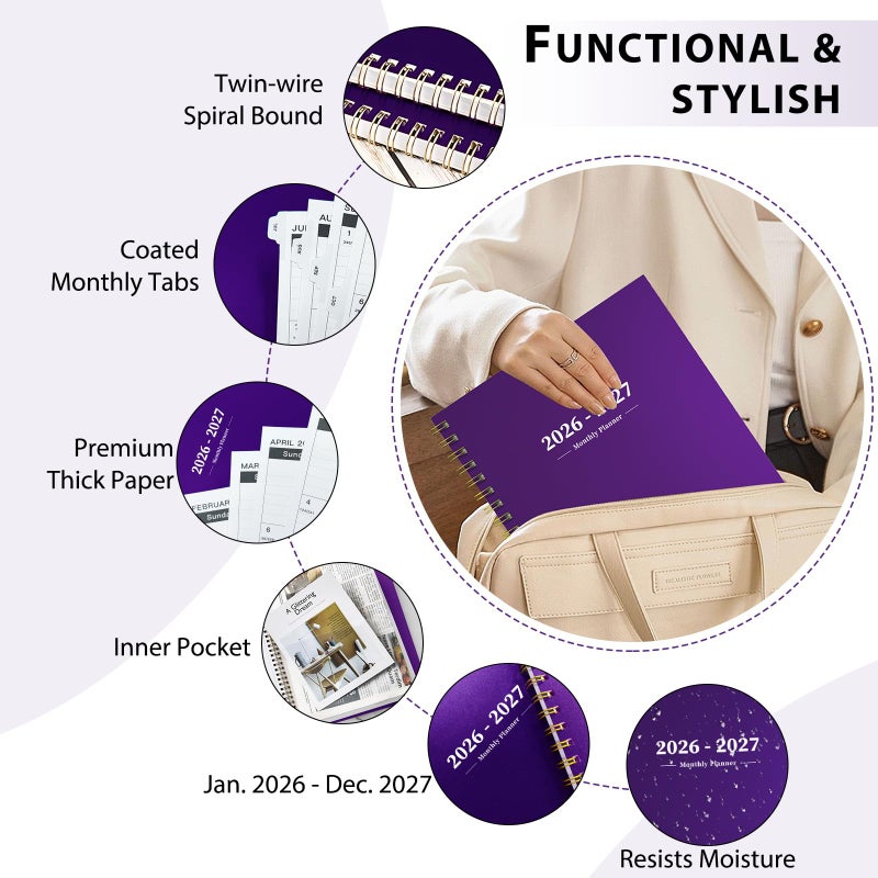 Ymumuda 2026 Planner-2 Year Monthly Planner 2026-2027, JAN.2026 - DEC.2027, 8.5" x 11", 26-27 Monthly Calendar,Large Planner with Spiral Bound, 24 Months Perfect for School Office Schedule - Purple - Image 4