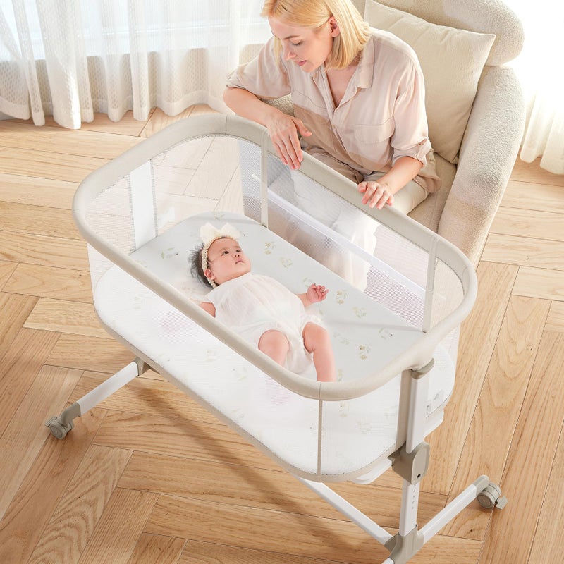 Fodoss Fodoss Baby Bassinets Bedside Sleeper All Mesh Bedside Bassinet with Wheels 7 Height Adjustable Baby Bassinet for Infants Beige