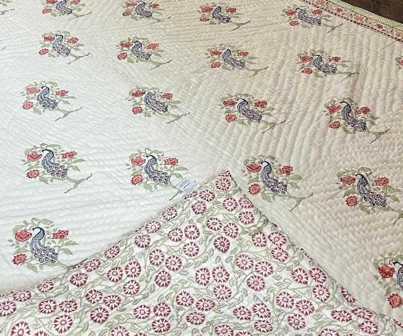 BLOCKS OF JAIPUR BLOCKS OF JAIPUR Original Pure Cotton Jaipuri Razai Hand Block Peacock Print Reversible Comforter Lightweight AC Quilt Summer and Winter Bedding Throw Bed Blanket  - Image 1