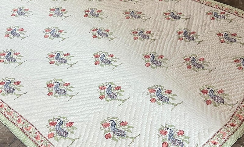 BLOCKS OF JAIPUR BLOCKS OF JAIPUR Original Pure Cotton Jaipuri Razai Hand Block Peacock Print Reversible Comforter Lightweight AC Quilt Summer and Winter Bedding Throw Bed Blanket  - Image 2