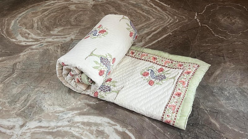 BLOCKS OF JAIPUR BLOCKS OF JAIPUR Original Pure Cotton Jaipuri Razai Hand Block Peacock Print Reversible Comforter Lightweight AC Quilt Summer and Winter Bedding Throw Bed Blanket  - Image 4