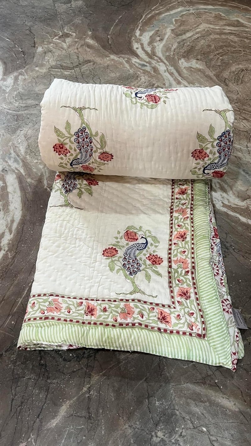 BLOCKS OF JAIPUR BLOCKS OF JAIPUR Original Pure Cotton Jaipuri Razai Hand Block Peacock Print Reversible Comforter Lightweight AC Quilt Summer and Winter Bedding Throw Bed Blanket  - Image 5