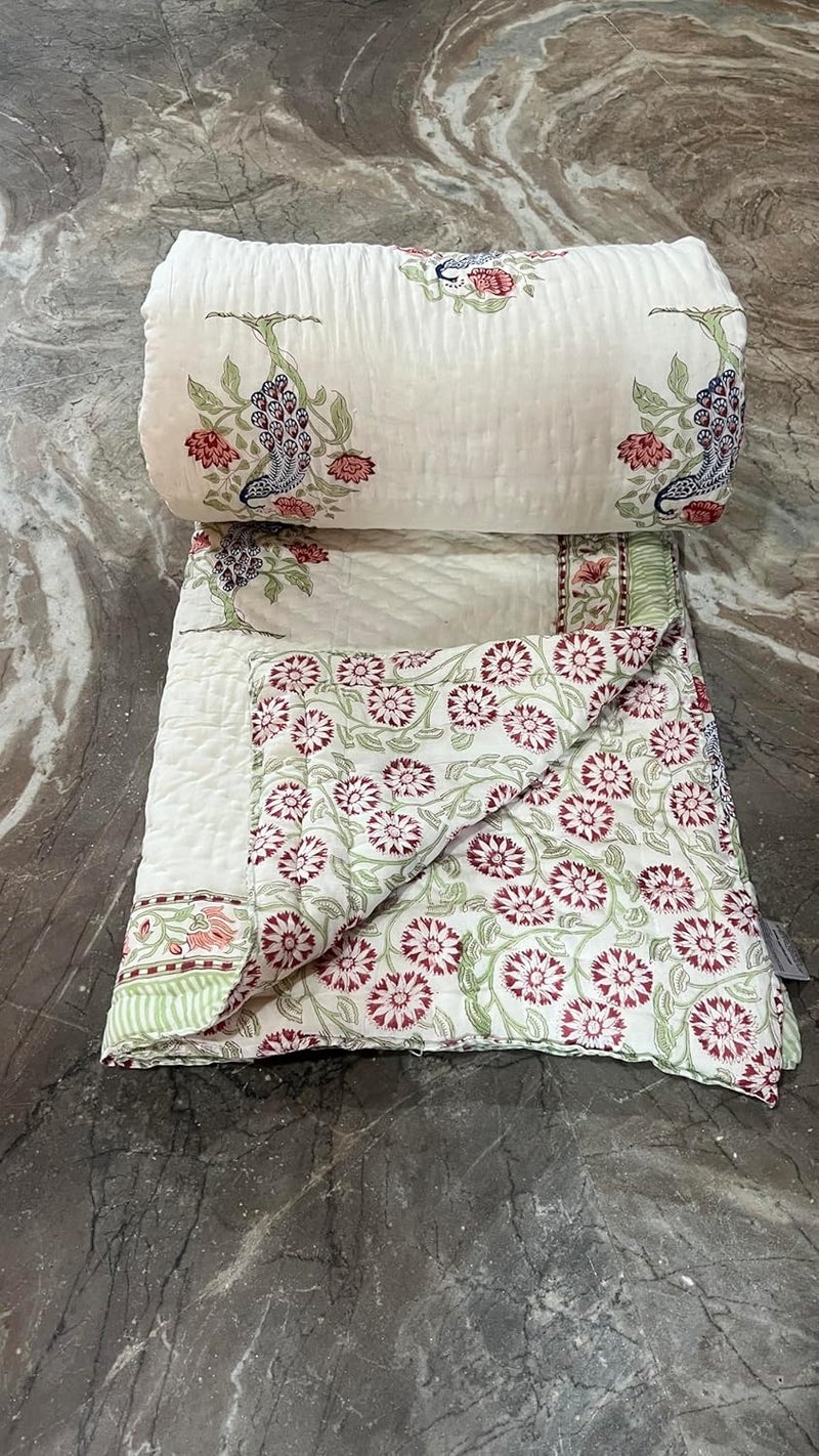 BLOCKS OF JAIPUR BLOCKS OF JAIPUR Original Pure Cotton Jaipuri Razai Hand Block Peacock Print Reversible Comforter Lightweight AC Quilt Summer and Winter Bedding Throw Bed Blanket  - Image 3