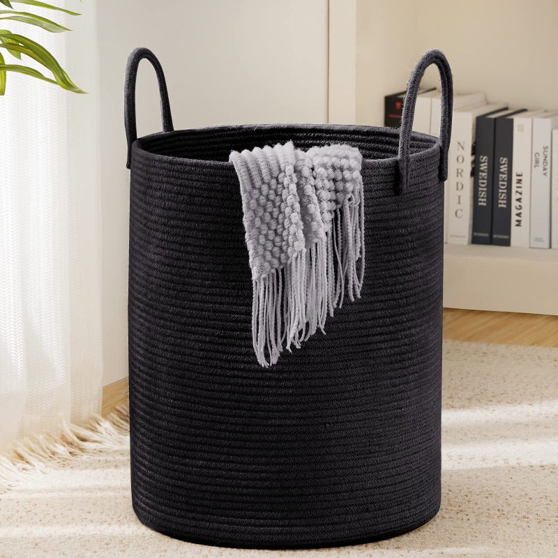 YOUDENOVA Woven Rope Laundry Hamper Basket 72L Tall Luandry Basket Baby Nursery Hamper for Blanket Storage in BedroomLarge Black