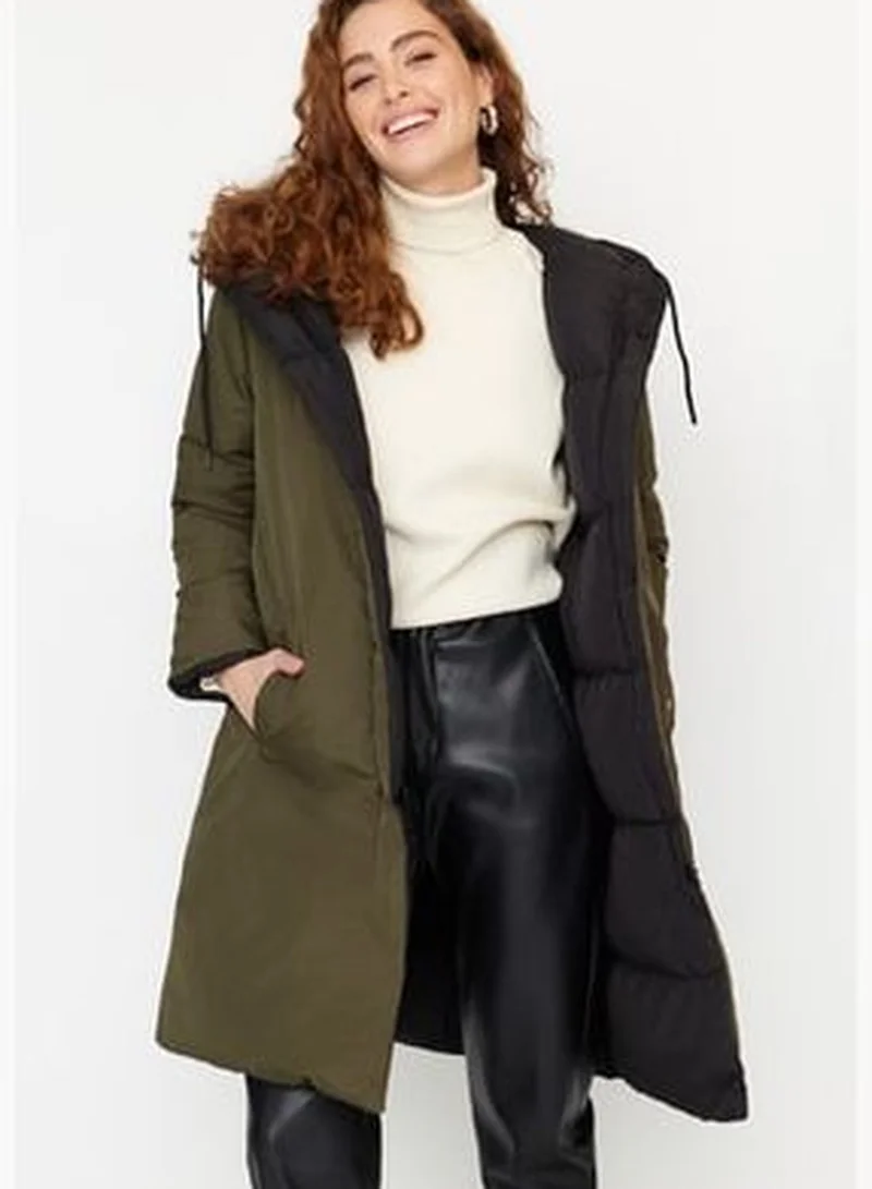 trendyol Black-Khaki Oversize Double-Sided Hooded Water-repellent Long Puffer Coat TWOAW23MO00052