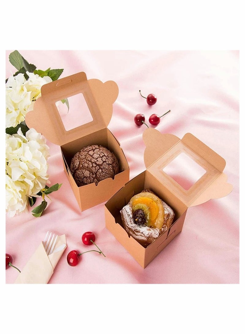 Excefore 10 Pack Bakery Boxes Small Brown Cake Box Small Kraft Cookie Boxes with Window for Cupcakes Pies Donuts 4x4x25 Inches - Image 2