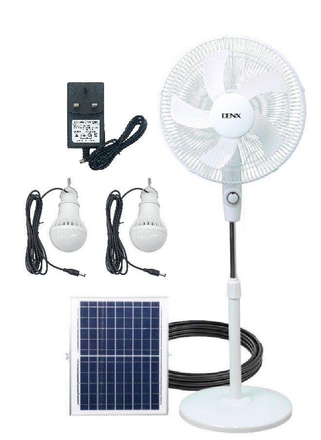 Denx 16-Inch Rechargeable Solar Fan with 5000mAh Battery and Dual LED Bulbs – Solar Powered Cooling Fan | DX2606  - Image 1