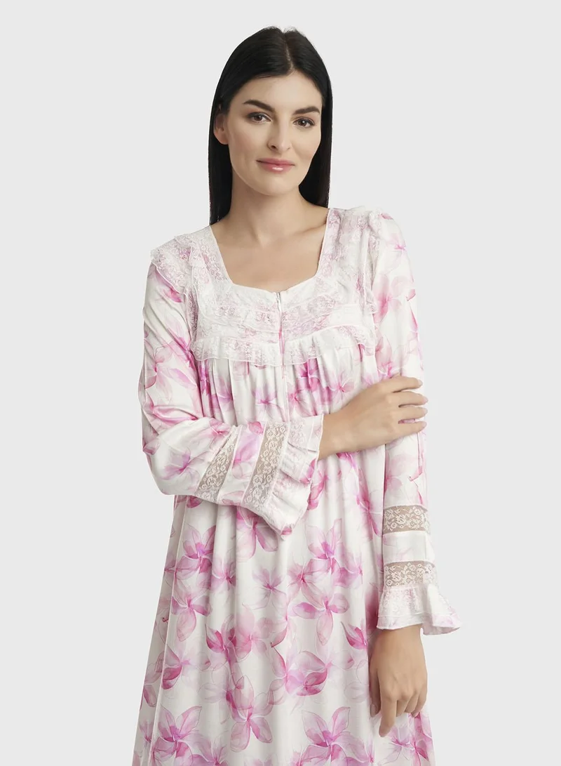 كشخة قميص نوم فيسكوز مطبوع بأكمام طويلة