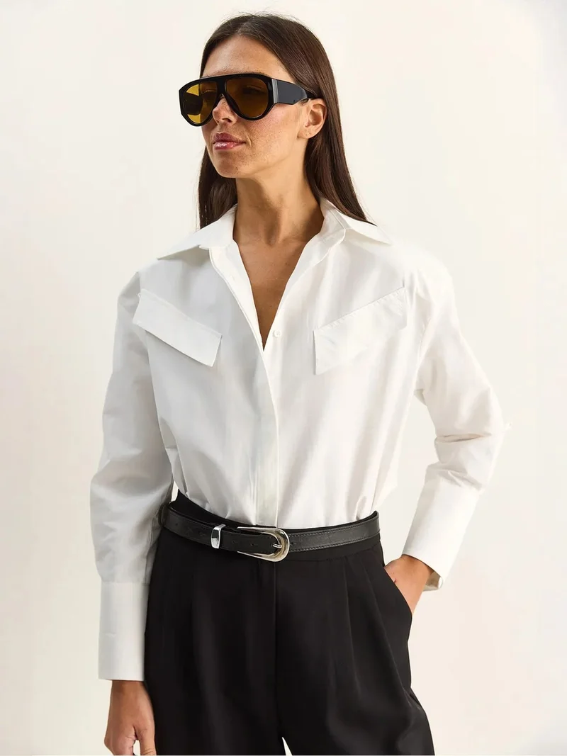 Bianco Lucci LUCCI Casual Long Sleeve Button Up Poplin Shirt with Pocket