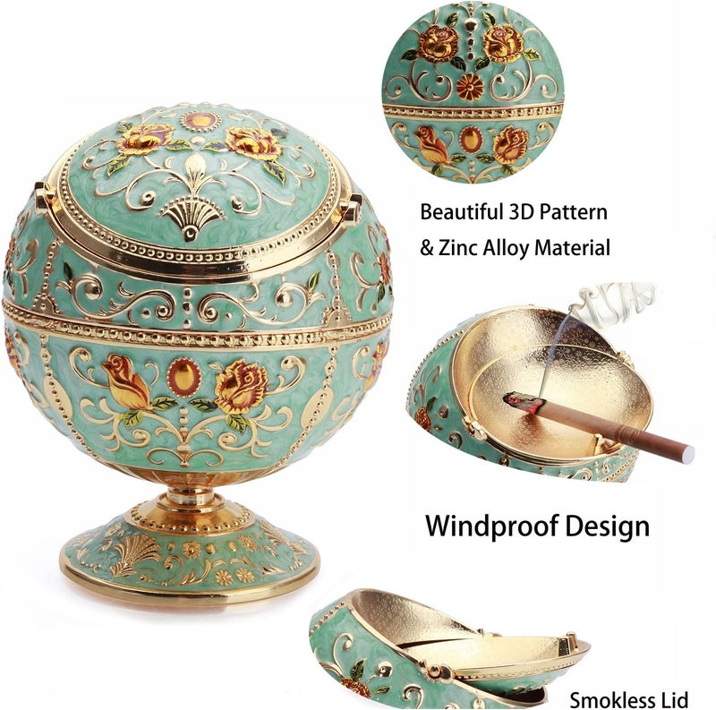 K COOL Windproof Ashtray with Lid Metal Portable Cigarettes Ashtrays for Outdoors Indoors Hand Stamped Pattern Smoking Ashtray Fancy Gift for Men Women(Jade Green) - Image 3