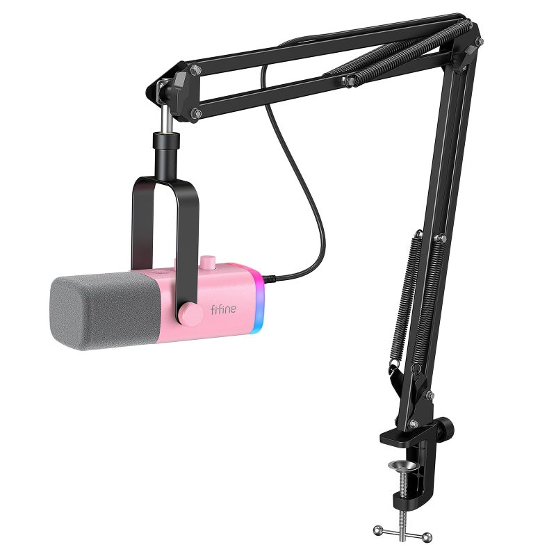 FIFINE ميكروفون ألعاب FIFINE XLR USB، مجموعة ميكروفون ديناميكي للكمبيوتر، للتسجيل، البودكاست، البث، ميكروفون RGB مع مدخل سماعة، زر كتم الصوت، حامل ذراع للبوم للكمبيوتر/الم mixer-AmpliGame AM8T باللون الوردي - Image 1