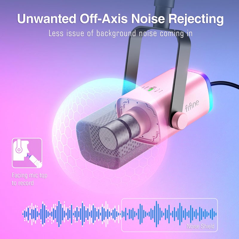 FIFINE ميكروفون ألعاب FIFINE XLR USB، مجموعة ميكروفون ديناميكي للكمبيوتر، للتسجيل، البودكاست، البث، ميكروفون RGB مع مدخل سماعة، زر كتم الصوت، حامل ذراع للبوم للكمبيوتر/الم mixer-AmpliGame AM8T باللون الوردي - Image 4