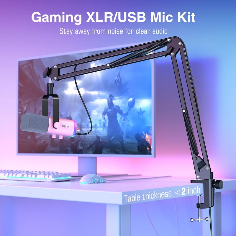 FIFINE ميكروفون ألعاب FIFINE XLR USB، مجموعة ميكروفون ديناميكي للكمبيوتر، للتسجيل، البودكاست، البث، ميكروفون RGB مع مدخل سماعة، زر كتم الصوت، حامل ذراع للبوم للكمبيوتر/الم mixer-AmpliGame AM8T باللون الوردي - Image 2