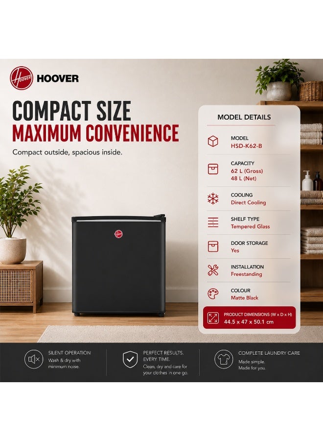 HOOVER 62L Single Door Compact Refrigerator with Freezer Compartment 62 L HSD-K62-B Black - Image 2