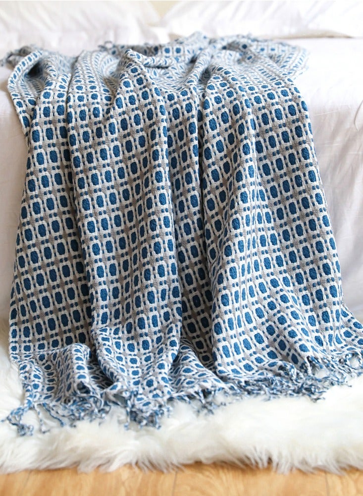 Loquat Checked Pattern Tassel Design Knitted Soft Throw Blanket Blue  - Image 1