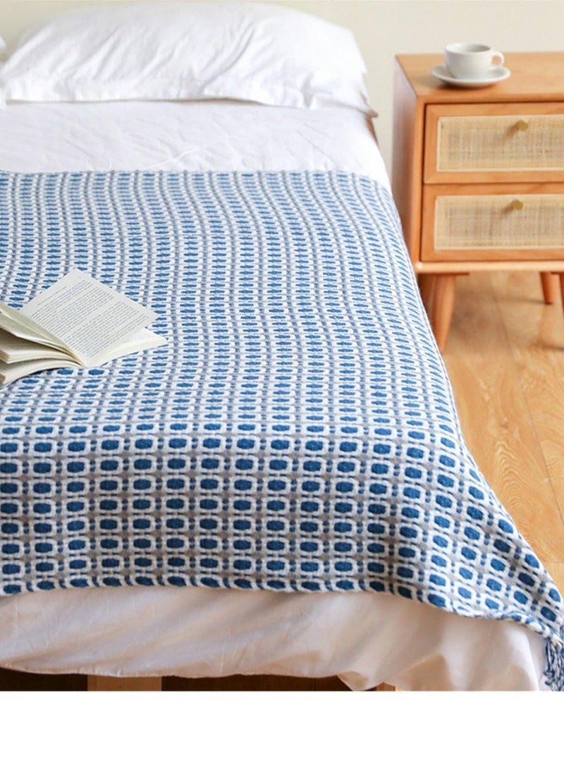 Loquat Checked Pattern Tassel Design Knitted Soft Throw Blanket Blue  - Image 2
