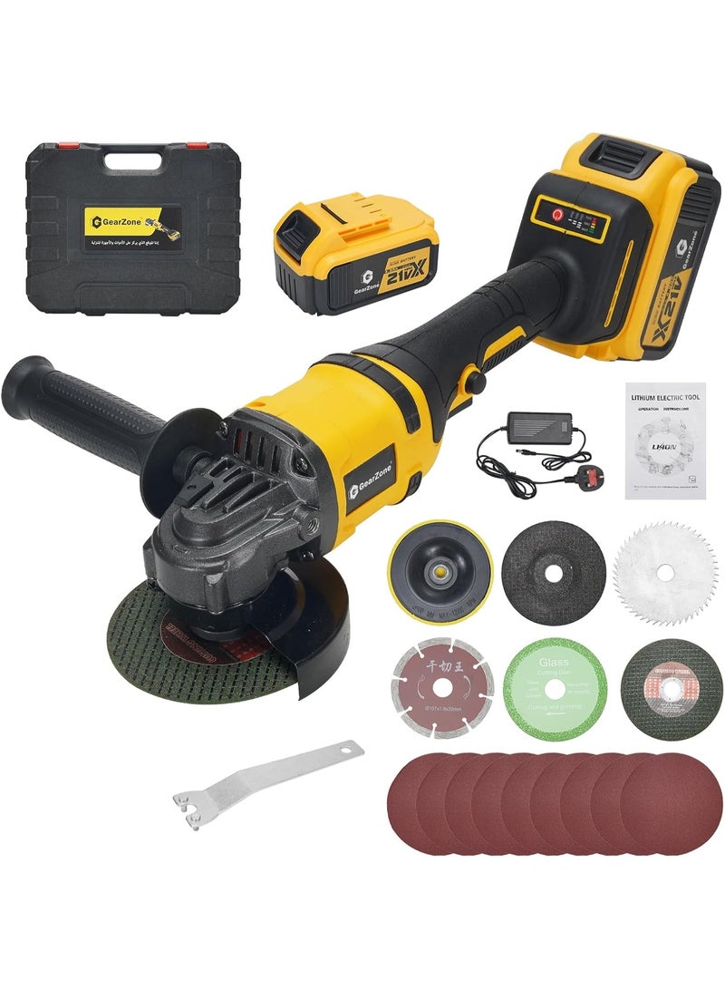 GearZone 21V Cordless Angle Grinder Kit with Brushless Electric Motor, including 2pcs 4.0 AH Batteries,Fast Charger, Easy Handle with Cutting Disc and Grinding Disc in Tool Box - Image 1
