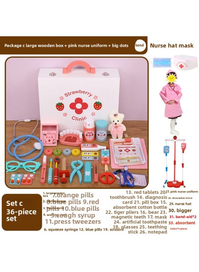 Wooden Artificial Medical Kit Children's Toy Set Girl Boy's Tool Injection Nurse Doctor's Toy Medicine Box-Color:[Large Wooden Box Magnetic] C Package + Drip + Powder Clothes  - Image 1