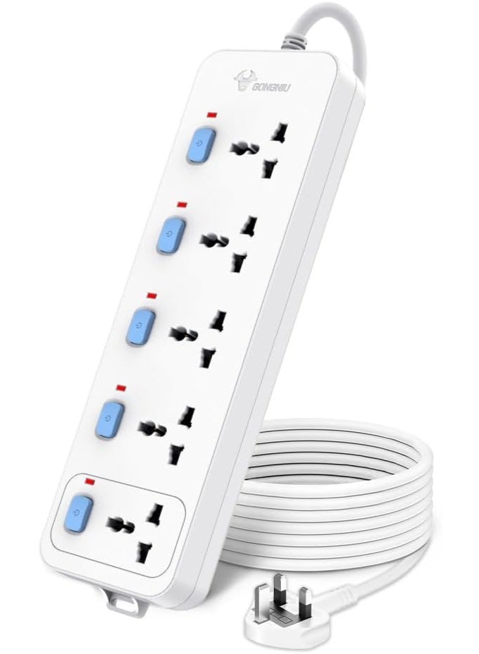 غونغنيو سلك تمديد بخمسة منافذ وخمسة مفاتيح منفصلة - شريط طاقة متعدد المقابس بطول ٥ أمتار | محول قابس عالمي مع كابل عالي التحمل وقابس ١٣ أمبير مزوّد بفيوز للاستخدام المنزلي والمكتبي والسفر - Image 1