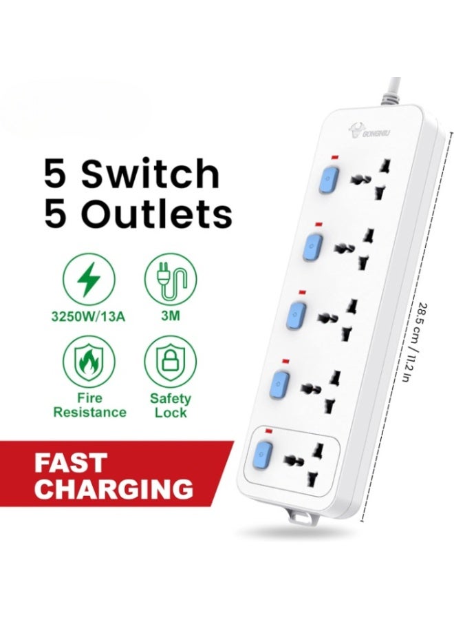 غونغنيو سلك تمديد بخمسة منافذ وخمسة مفاتيح منفصلة - شريط طاقة متعدد المقابس بطول ٥ أمتار | محول قابس عالمي مع كابل عالي التحمل وقابس ١٣ أمبير مزوّد بفيوز للاستخدام المنزلي والمكتبي والسفر - Image 2