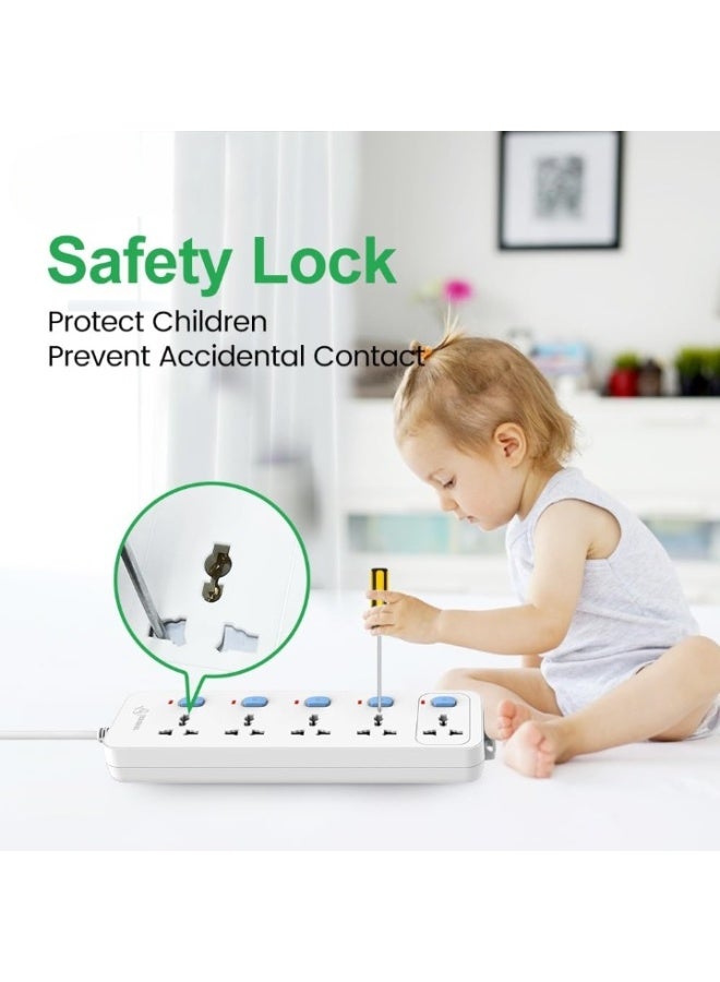 غونغنيو سلك تمديد بخمسة منافذ وخمسة مفاتيح منفصلة - شريط طاقة متعدد المقابس بطول ٥ أمتار | محول قابس عالمي مع كابل عالي التحمل وقابس ١٣ أمبير مزوّد بفيوز للاستخدام المنزلي والمكتبي والسفر - Image 5