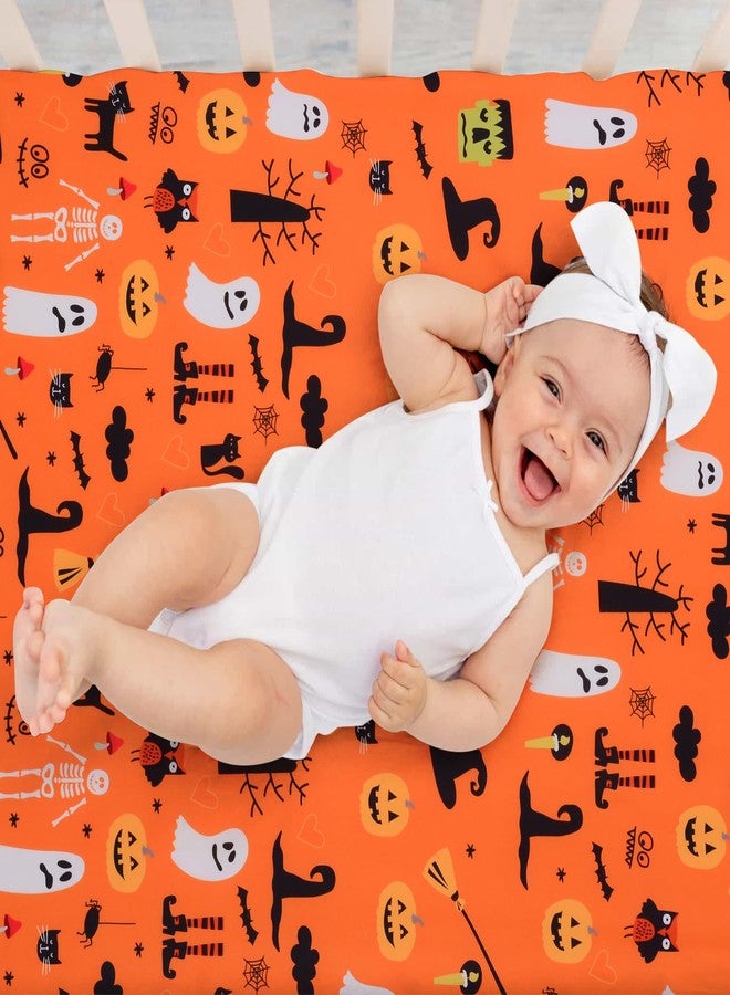 JISEN Baby Crib Sheet 1 Piece Portable Fitted Crib Sheet for Standard Crib and Toddler Mattresses Nursery Bed Decor for Boys Girls 28x52 Halloween Ghost - Image 2