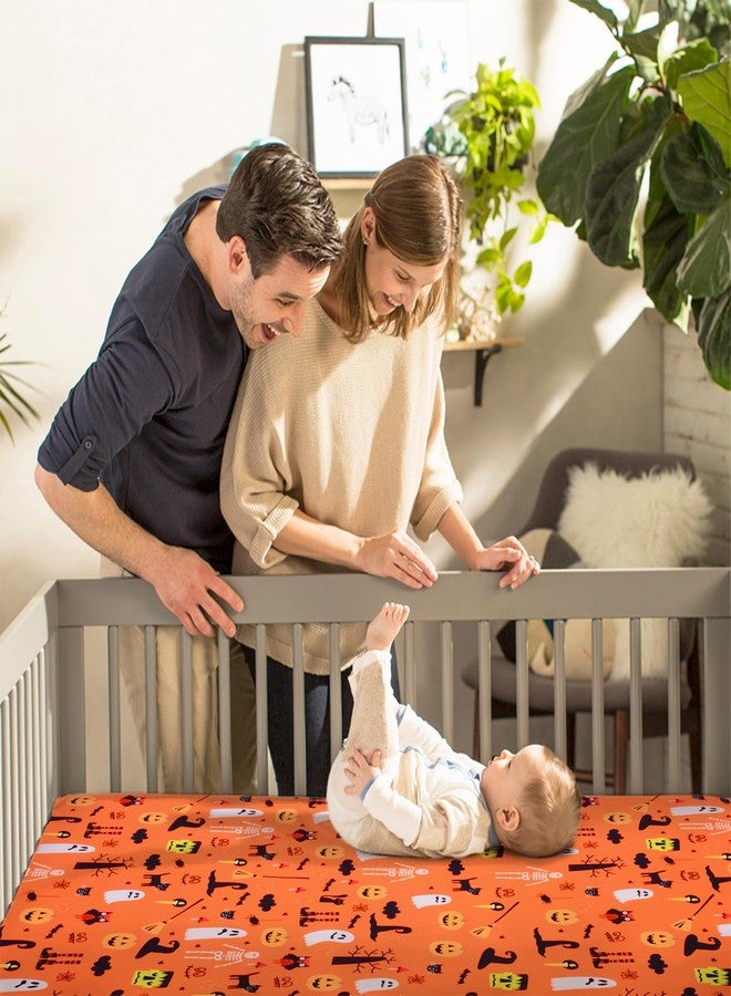JISEN Baby Crib Sheet 1 Piece Portable Fitted Crib Sheet for Standard Crib and Toddler Mattresses Nursery Bed Decor for Boys Girls 28x52 Halloween Ghost - Image 3