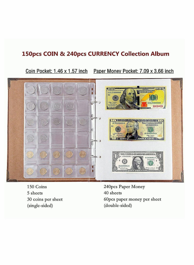 Excefore Coin Collecting Holder Album with 150 Coin Pockets and 240 Paper Currency Pockets, PU Leather Coins Collection Holder - Image 3
