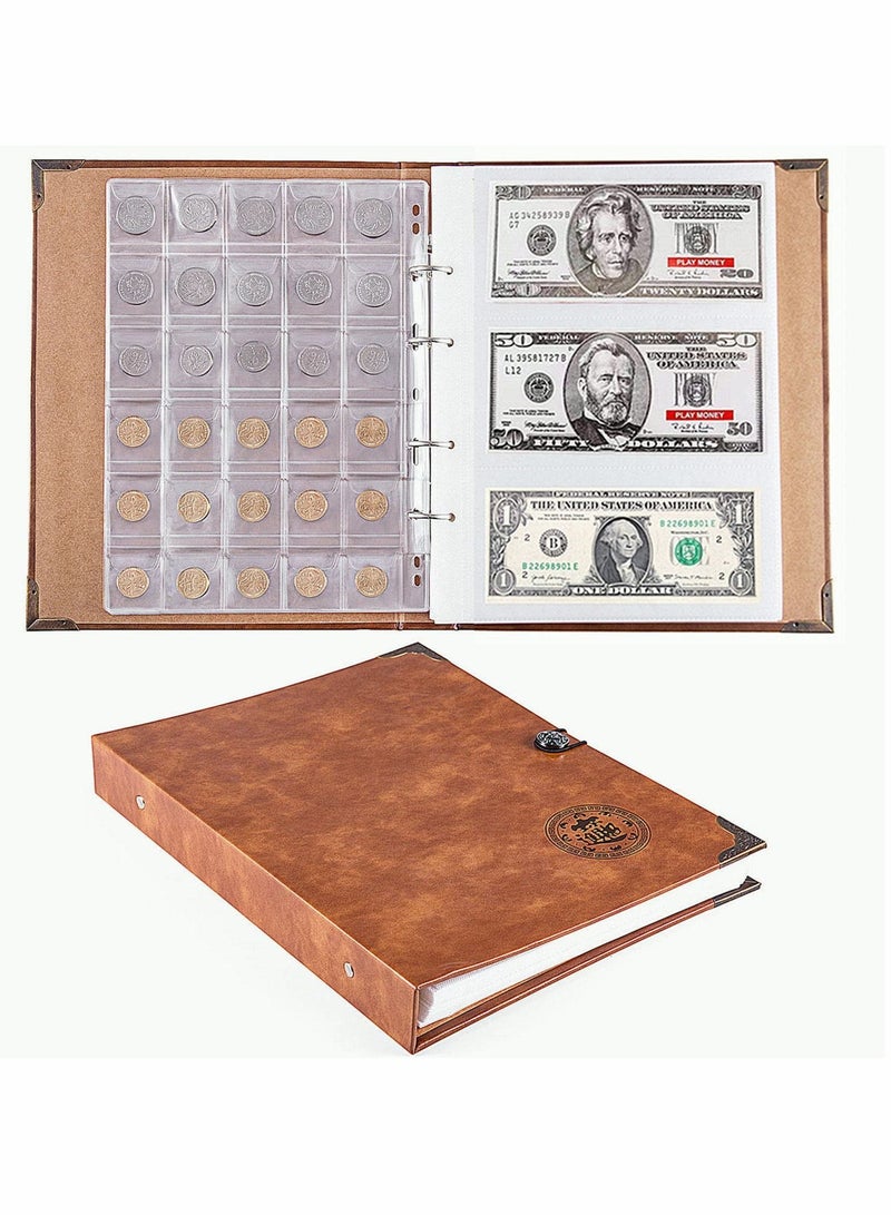 Excefore Coin Collecting Holder Album with 150 Coin Pockets and 240 Paper Currency Pockets, PU Leather Coins Collection Holder - Image 1